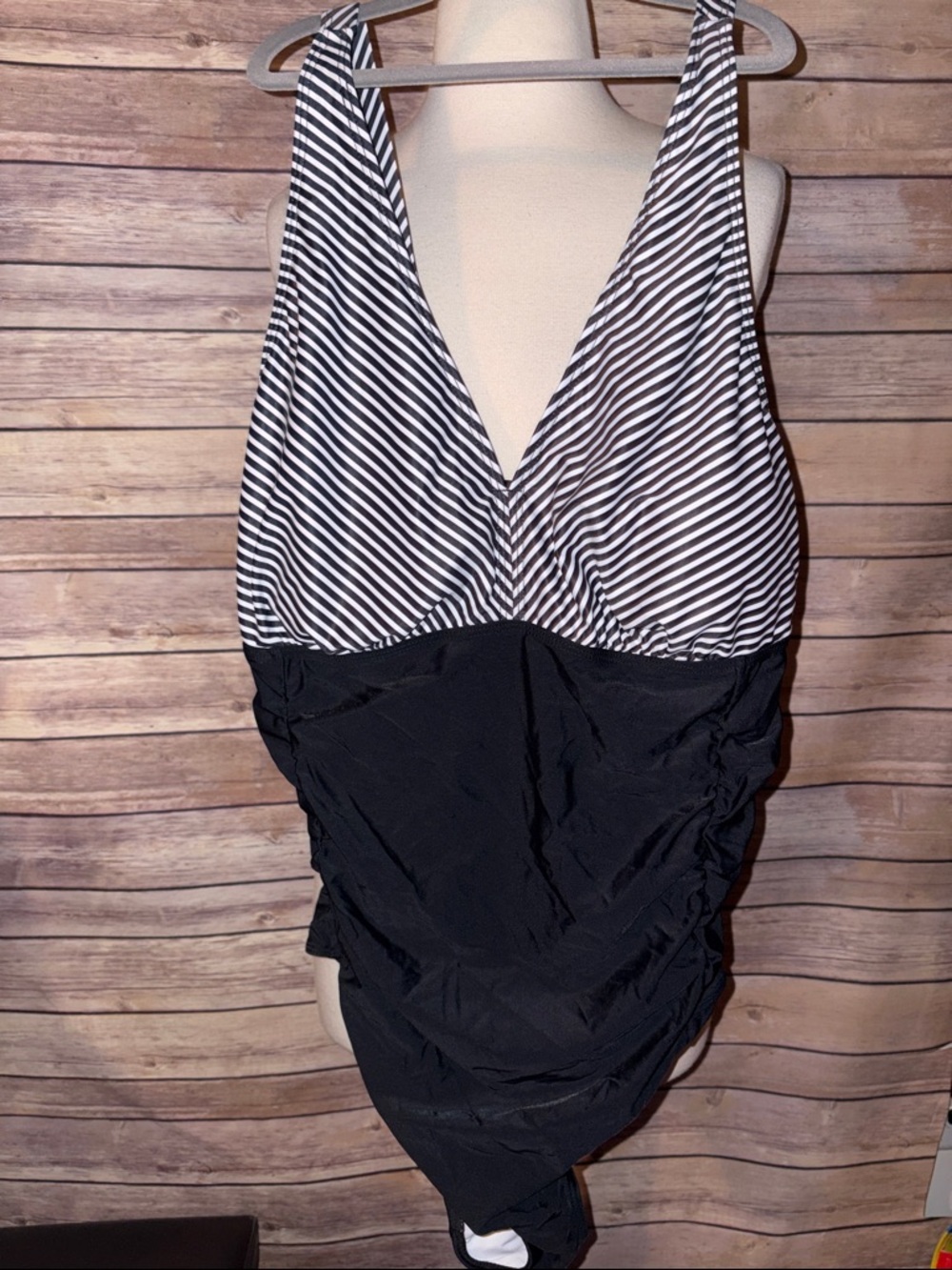 Women’s Black & White Stripe V-Neck One-Piece Swimsuit